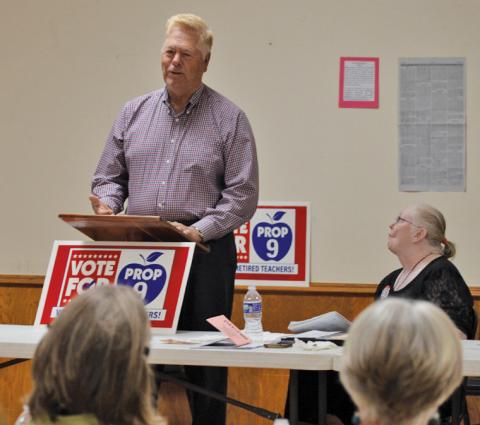 Ronnie Jung, former executive director of the Teacher Retirement System of Texas, speaks to the Lampasas County Retired Teachers Association during its monthly meeting Tuesday. His presentation included information on the cost-ofliving adjustment sought for retired educators. erick mitchell | dispatch record