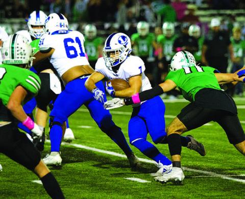 HUNTER KING | DISPATCH RECORD Daemian Rivas runs through a hole in the Burnet defense. He will need to be a factor in tonight’s game as well.