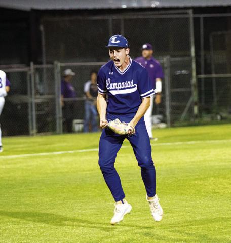 HUNTER KING | DISPATCH RECORD J.T. Posten yells as he celebrates a strikeout late in Friday’s win over Marble Falls.