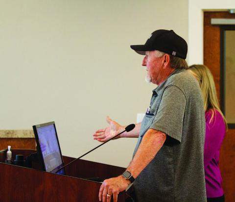 Businessman Deorald Finney offers information to the Lampasas City Council on his proposed four-story hotel, restaurant and retail center. HUNTER KING | DISPATCH RECORD