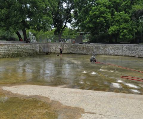ERICK MITCHELL | DISPATCH RECORD The Hancock Springs Free-Flow Swimming Pool will be open this weekend for the 2024 summer season. It’s pictured here receiving a deep cleeaning earlier this week.