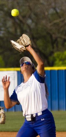 Lady Badger first baseman Alycia Cantu fields a pop fly in Tuesday’s 5-4 home win over Brownwood. JEFF LOWE | DISPATCH RECORD