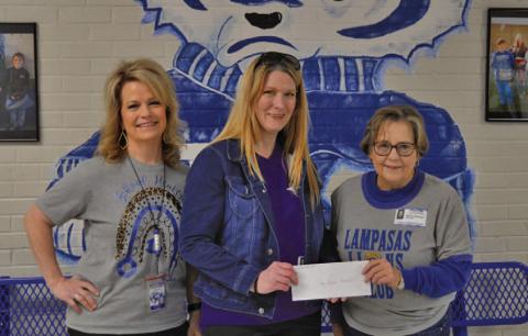 ERICK MITCHELL | DISPATCH RECORD Left to right are LISD Director of School Health Services Donna Clark, Cody Stephens Foundation Heart Screening Director Debbie Doncer and Lampasas Lions Club member Molly Patteson. The Lions Club donated $1,000 for electrocardiogram tests for Lampasas students.