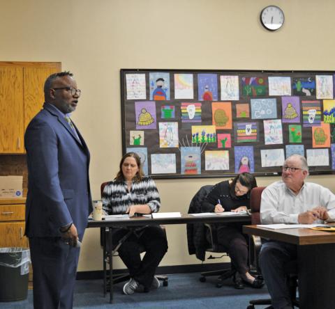 At left, Taylor Creek Elementary School Principal Mark Sheppard provides his annual campus report to the Lampasas ISD Board of Trustees on Monday. Erick Mitchell | Dispatch Record
