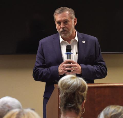 Rep. David Spiller (R-Jacksboro) speaks to Lampasas County residents last year. He has filed legislation to prohibit foreign entities from hostile countries from acquiring land in Texas. A similar measure did not make it out of the previous legislative session. FILE PHOTO