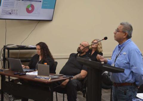 Chief Appraiser Juan Saucedo, at right, of the Lampasas Central Appraisal District offers a detailed presentation at the Kempner City Council meeting to explain his preliminary budget figures for the upcoming fiscal year. ERICK MITCHELL | DISPATCH RECORD