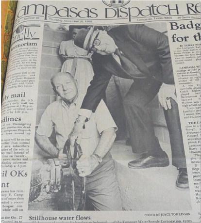 File photo This photo ran in the Dec. 20, 1986 edition of the Lampasas Dispatch Record. Jack Montgomery, at left, president of Kempner Water Supply Corp., and Mayor Henry V. Campbell turn the water tap on for the first time, sending Stillhouse Hollow Reservoir water through the lines to Lampasas.
