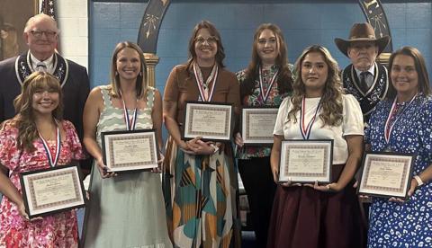 Saratoga Masonic Lodge #546 AF&amp;AM awarded the 2026 Lamar Medals to six Lampasas County teachers. Pictured, left to right, are Mickey Edwards of Lodge #546; Monica Garza, Taylor Creek Elementary honoree; Jennifer Gibbs – Hanna Springs Elementary honoree; Judith Brown – Lampasas High School honoree; Lauren January – Lampasas Middle School honoree; Mercedes Almaguer – Lometa ISD; John Easler of Lodge #546; and Jenny Bowden Roberts – Kline Whitis Elementary honoree. COURTESY PHOTO