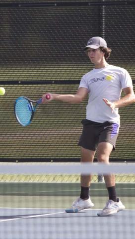 Elias Arrelano sets up for a forehand shot during his mixed doubles match with Kailr Clements on Saturday against Leander. HUNTER KING | DISPATCH RECORD