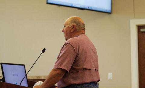 Precinct 4 Commissioner Mark Rainwater speaks at last week’s Lampasas City Council meeting, where he was joined by several dozen other landowners concerned about the impact a proposed rail line project would have on their property. Rainwater and Burnet County Commissioner Damon Beierle are coordinating a public hearing Tuesday at 6 p.m. at Hill Country Fellowship in Burnet. HUNTER KING | DISPATCH RECORD