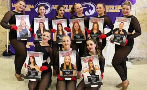 Flames members who performed in their novelty routine at the March 5 Liberty Hill event are, front row from left, April Smith, Kelsey Grimmett and Brooklyn Morris; back row, left to right, Anna Jorstad, Sydney Lesley, Isabell Marks, Madisyn Moreland, Keely Carl and Jaycee Lockhart. COURTESY PHOTO | CHRIS MILES