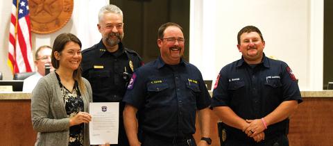 First Responders Day was recognized by the Lampasas City Council at its meeting Monday night. On hand for the presentation from interim city manager Erin Corbell are, from left, Lampasas Chief of Police Jody Cummings, Lampasas Fire Chief Tim Davis and Lampasas Fire Marshal Bart Baker. hunter king | dispatch record