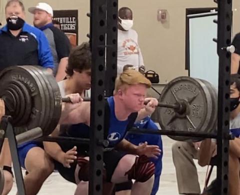 Westen Reid squats at Saturday’s meet in Smithville, where he stayed undefeated for the season. JAN BRISTER | COURTESY PHOTO