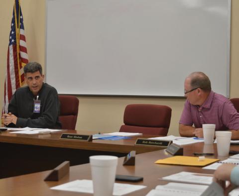 Trustee Rob Borchardt, at right, presided at Monday’s Lampasas ISD school board meeting. Trustees are preparing for the bond election next month, which could authorize construction of a new middle school plus other facility improvements across the district. Also pictured is Superintendent Dr. Chane Rascoe.