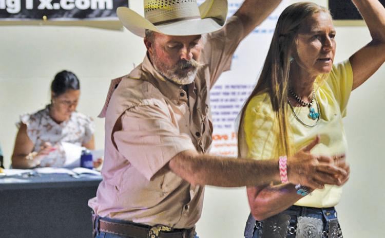Dance partners Paul and Lara Cline perform the polka for judges during Thursday night’s Spring Ho Dance Contest at Putters &amp; Gutters. erick mitchell | dispatch record