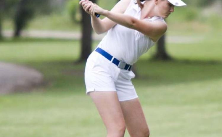 Senior Kinsley Lindeman tees off during round two of the state golf tournament at Plum Creek in Kyle. JEFF LOWE | DISPATCH RECORD