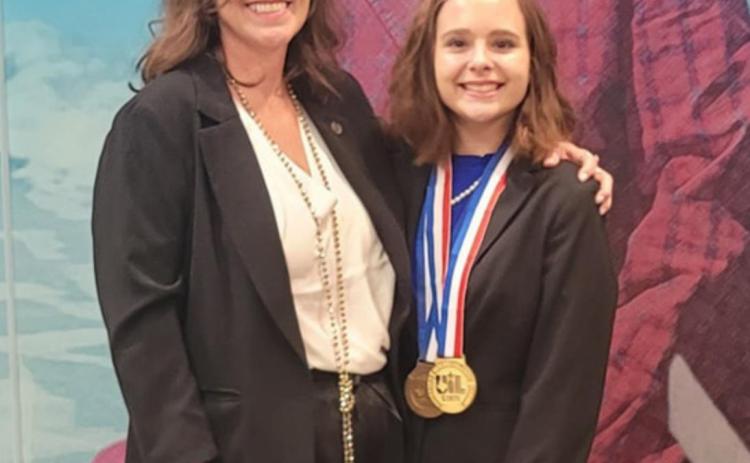 Lometa Speech Coach Cheri Jay-Wienecke, left, and Lometa senior Phallon Jones are shown after Jones’ UIL Persuasive Speaking win. courtesy photo