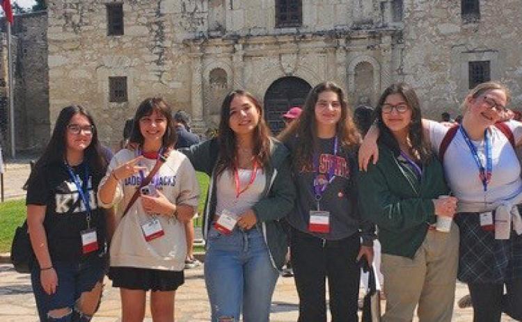 Veronica Butler is online editor of the Lampasas High School news staff, pictured left to right, Joe Neuenschwander, Kilana Baird, Dakota Decker, Camille Rivera, Amelia Stanley, Jade Arzola, Butler and Lucy Mantilla. Not pictured: Katie Johnson and adviser Kayla Cain. courtesy photo