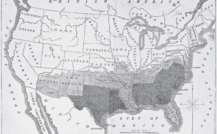 A map of the divided South appeared in Harper’s Weekly. “The light tint on the map shows the territory which since [October 1961] has been conquered by our forces, amounting to at least one half of the original Confederacy. And the half which has been left has, as the reader will perceive, been entirely cut into two separate sections by our possession of the Mississippi and our victories in East Tennessee” -- Harper’s Weekly, March 19, 1864.