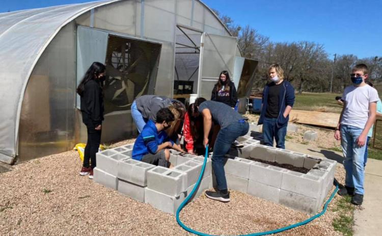 Lampasas High School students work outside the greenhouse at the campus. COURTESY PHOTO