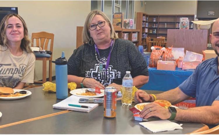 Lampasas High School agriscience teachers Erica Edwards, at left, Judy Hail and Justin Wood were among the participants at the Lampasas ISD AgScience Advisory Council’s annual meeting. COURTESY PHOTO