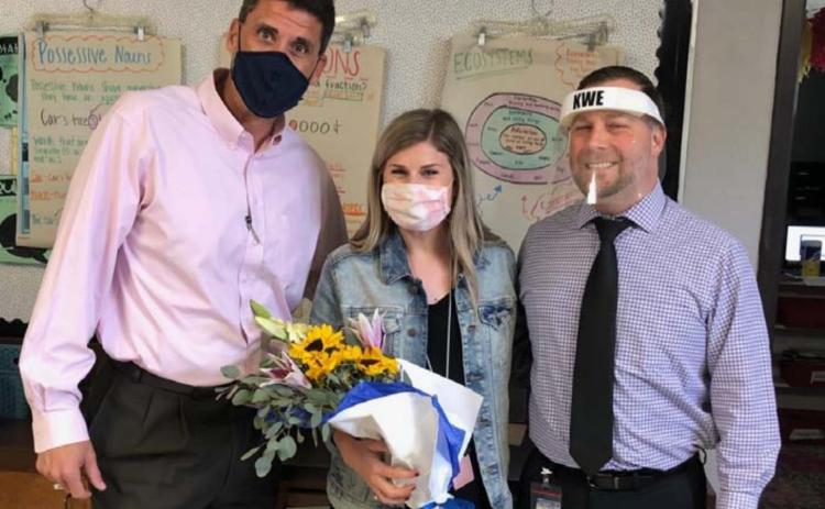 Superintendent Dr. Chane Rascoe, left, and Kline Whitis Elementary Principal Wes Graham are shown with the LISD Elementary Teacher of the Year Marley Wiggins. COURTESY PHOTO