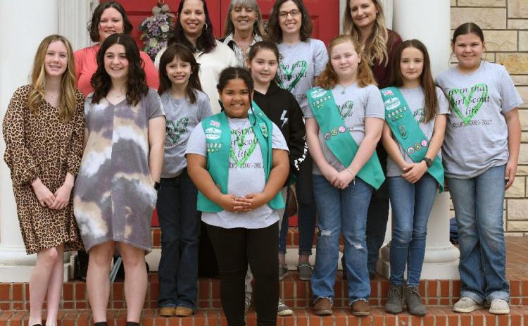 Participating in the Girl Scout Sunday celebration at First Presbyterian Church were, bottom row from left, Scouts Brayleigh Boshears, Lorelai Dressell, Kayleigh Mahoney, Vera-Rose Johnson, Kenzi Rodriguez, Anna-Joy Figurski, Rylie Wood and Steeley Ritter. Top row: leaders and volunteers Kasey Schwartzer, Jennifer Mahoney, Lisa Deweese, Torie Lesley and Nikki Wood. courtesy photo
