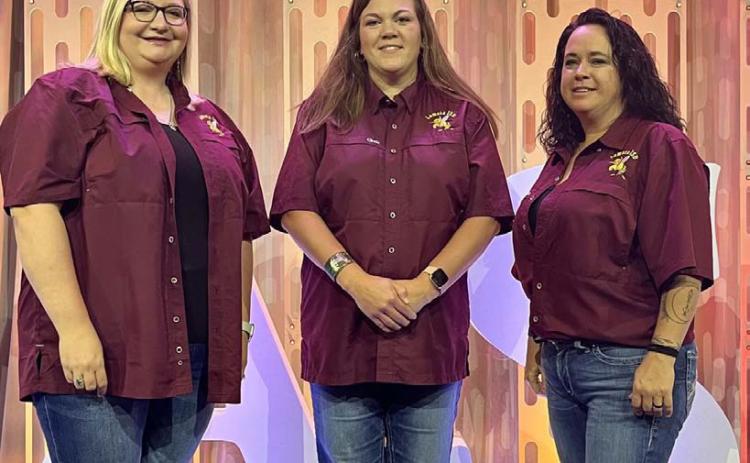 Courtney Duncan, at left, will serve as vice president of the Lometa school board; Cristopher Brister, center, is the new board president; and Megan Lusty will be the secretary on the trustees’ officer team for the coming year. COURTESY PHOTO