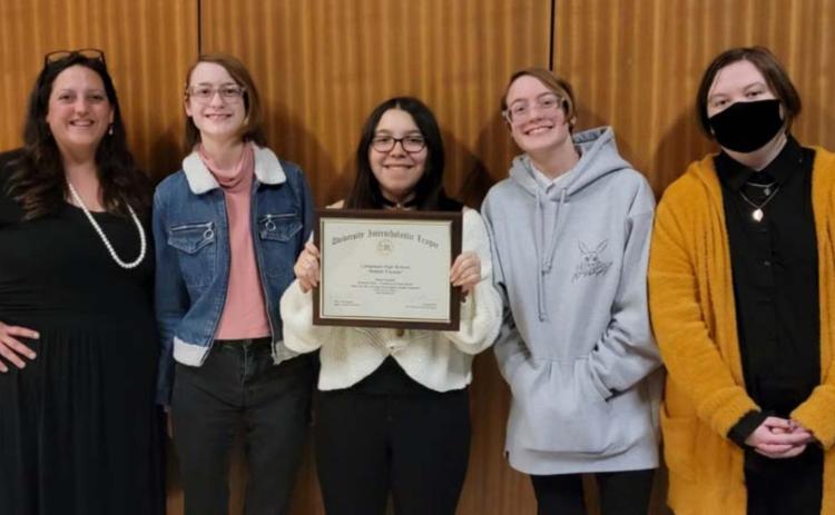 Technology teacher Cathy Kuehne, at left, is pictured with students who had their work featured at the UIL state film festival last month: Mali Windhorst, Katlyn Greer, Zali Windhorst and Kailey Morgan. COURTESY PHOTO