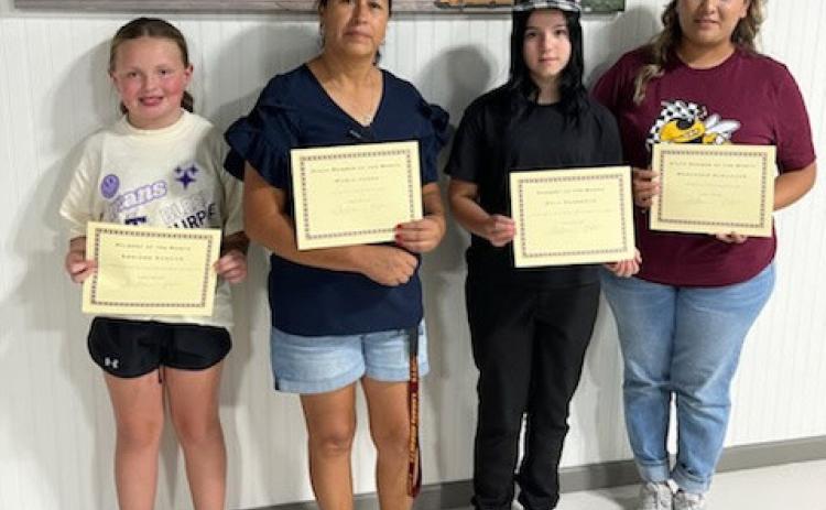 The Lometa ISD recognized several students and staff members of the month. Shown with their certificates are, from left to right, Addison Duncan, Maria Jasso, Evly Sharrock and Mercedes Almaguer. Not pictured: Eliana Gonzalez. COURTESY PHOTO