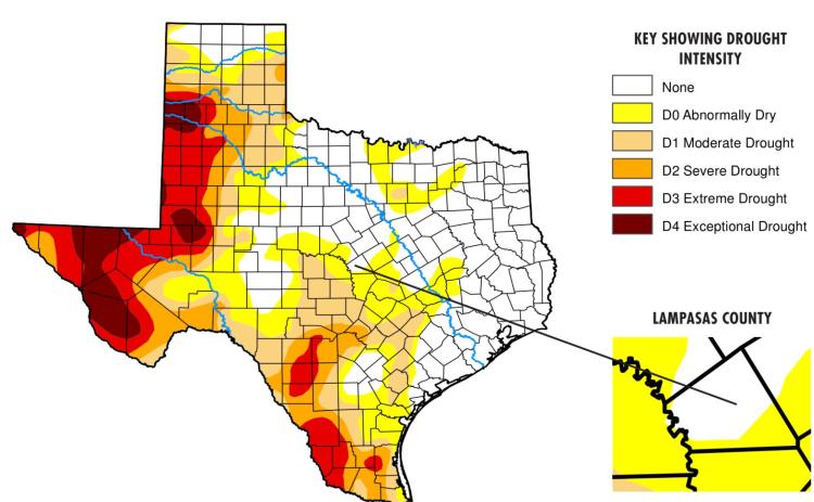 While much of the Hill Country is in “moderate drought” or the “abnormally dry” stage, Lampasas County stayed mostly drought-free at press time, according to the U.S. Drought Monitor. COURTESY OF NATIONAL DROUGHT MITIGATION CENTER, UNIVERSITY OF NEBRASKA-LINCOLN, U.S. DEPARTMENT OF AGRICULTURE, AND NATIONAL OCEANIC AND ATMOSPHERIC ADMINISTRATION.