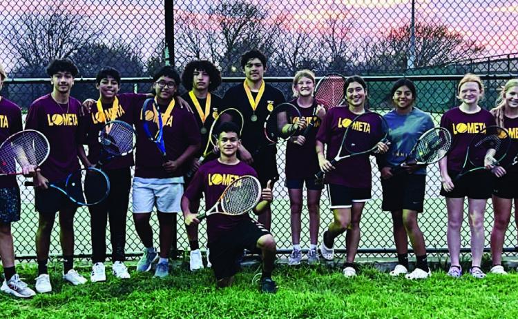 COURTESY PHOTO | LOMETA TENNIS Josue Lopez, front, and from back left Thomas Guthrie, Leonel Caso, Jeremiah Torres, Emmanuel Prado, Tim Juarez, Luis Hernandez, Teagan Brooks, Mia Crain, Vanessa Perez, Selie Hodge and Kari Greiner pause for a photo after the tournament in Early on March 7.