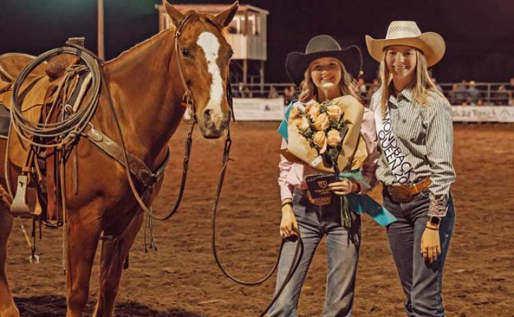 Breck McCoury, left, was crowned 2024 Diamondback Jubilee Rodeo Queen on Saturday evening. She is pictured here with 2023 Diamondback Jubilee Rodeo Queen Jarah Wootton. courtesy photo | candace pauly