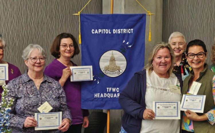 Pictured at the Capitol District GFWC Spring Convention in Round Rock are, from left to right, Margaret Oberender, Shanna Sibberson, Amy McDaniel, Juliann Chaney, incoming Texas President Barbara Harvey, Gulay Allison-Nart and Diane Davis. COURTESY PHOTO
