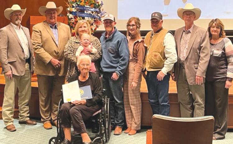 The family of W. Lee Vann was recognized at the Capitol in Austin for Vann’s devotion to his family, his work ethic, and his appreciation and support for agriculture. On hand to receive Vann’s lifetime service award were his wife, Faydell Vann, in front; and back row, from left, former Lampasas County AgriLife Extension Agent Curtis Thompson and family members Leslie Vann, Judy Vann Hail, Emmalen Phillips, Kleg Kennedy, Kirby Kennedy Phillips, Mike Hail, Joe Vann and Amy Vann. courtesy photo