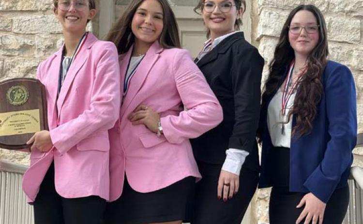 Pictured left to right are the Cross-Examination debate teams that will represent Lampasas at the State CX Meet next month: Phoebe Rounds and Marley Champeau, the first-place district team; and Jessyn Ramos and Devon Lively, the second-place district team. courtesy photo