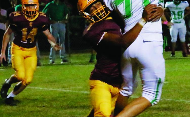 Leonel Caso (7) pressures the quarterback while Colton Whitehead (14) pursues the play MASON HINES | DISPATCH RECORD