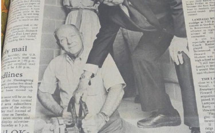 File photo This photo ran in the Dec. 20, 1986 edition of the Lampasas Dispatch Record. Jack Montgomery, at left, president of Kempner Water Supply Corp., and Mayor Henry V. Campbell turn the water tap on for the first time, sending Stillhouse Hollow Reservoir water through the lines to Lampasas.