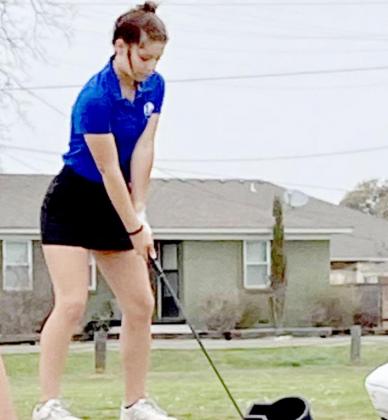 Kenlee Turner tees off at Gatesville Country Club, where she placed fourth and the Lady Badgers were first as a team on Tuesday. JAYME VALLES | COURTESY PHOTO