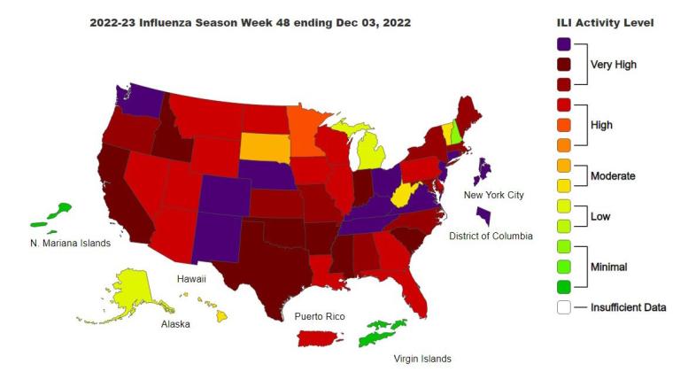 CDC FluView shows that Texas is considered “very high” in flu activity for the week ending Dec. 3. COURTESY PHOTO | CDC WEBSITE