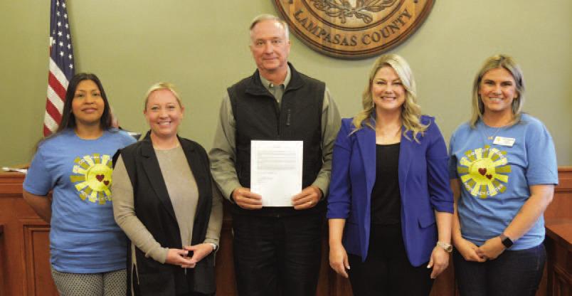 Representatives of the Hill County Children’s Advocacy Center and Lampasas CPS Board pose for a photo after last week’s proclamation naming April as Child Abuse Prevention Month. From left to right are HCCAC Family Advocate/Therapy Support Specialist Erika Bernabe, CPS Board Vice President Janda McQueen, Lampasas County Judge Randy Hoyer, CPS Board Treasurer Crystal Banks and HCCAC Education Outreach Coordinator Erica Melton. ERICK MITCHELL | DISPATCH RECORD