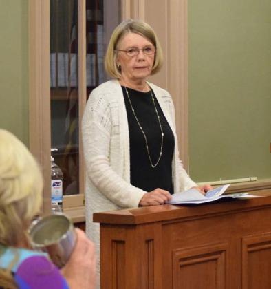 Central Counties Services Executive Director Johnnie Wardell speaks to the Lampasas County Commissioners Court on Monday about the services the non-profit mental health organization offers. Alexandria Randolph | Dispatch record