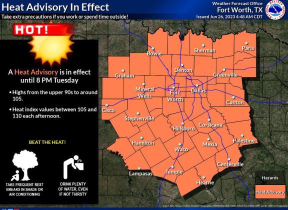 A National Weather Service heat advisory is in effect until 8 p.m. Tuesday for the entirety of North and Central Texas. Heat indices will peak around 105 to 110 degrees. COURTESY GRAPHIC | NATIONAL WEATHER SERVICE