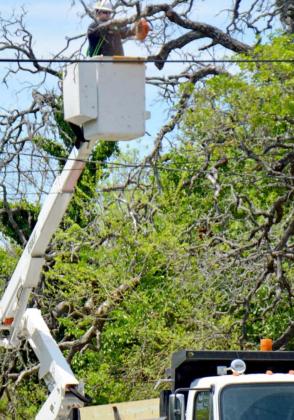 The city of Lampasas electric department is shown working near electric lines last year. FILE PHOTO