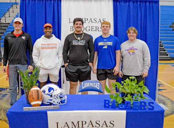 Badgers who signed with college programs on Wednesday include, left to right, receiver Lane Haviland, Navarro College; receiver Mike Murray Jr., Sam Houston State;  guard John Long, Rice University;  defensive end Owen Seaver, Angelo State University; and center Hayden Waldrip, Hardin-Simmons University.