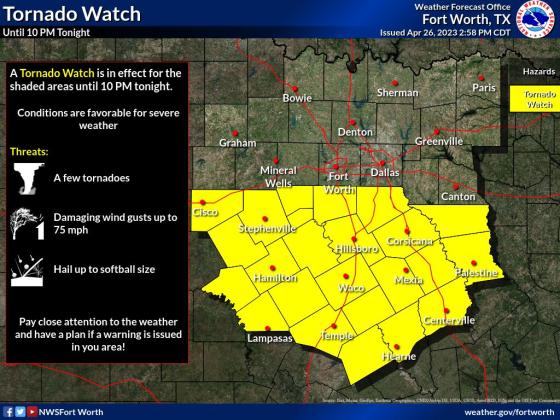 The National Weather Service issued a tornado watch for Lampasas, Bell, Coryell, Hamilton, Burnet and surrounding counties. A NWS graph depicts the counties affected.