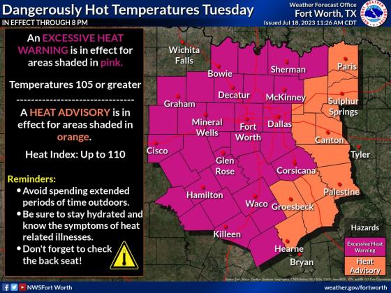 A National Weather Service graphic depicts excessive heat warning for the western Central Texas region, including Lampasas and surrounding counties. 