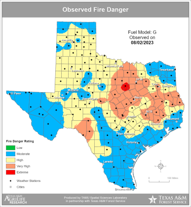 A Texas Forest Service graphic issued on Wednesday shows Lampasas County and much of Central Texas in a very high fire danger zone. 