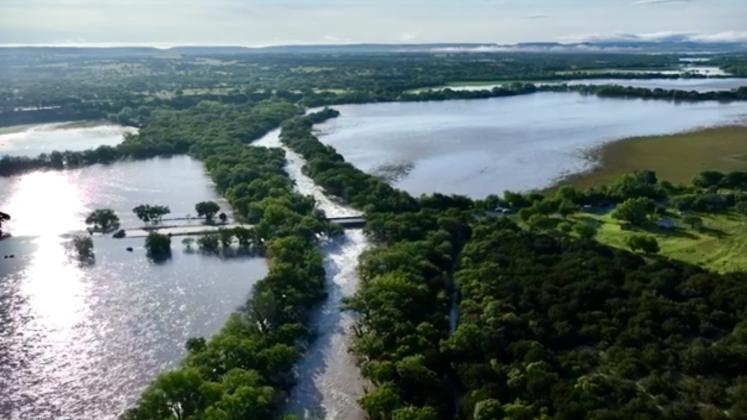 Drone photo of flooding of the Lampasas River at Adamsville.