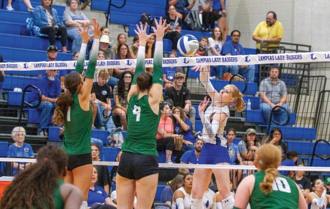 Lampasas outside hitter Mattie McBeth levels a slam over the net. ANA SOFIA MEYER | DISPATCH RECORD